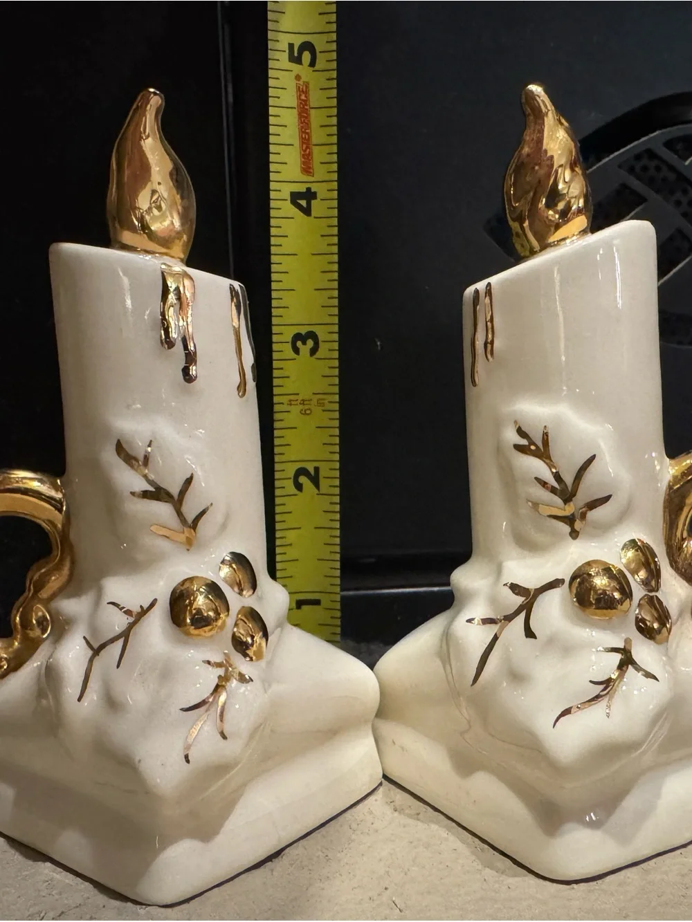 Vintage 1950‘s Christmas Candle Salt & Pepper Shakers Gold & White Ceramic